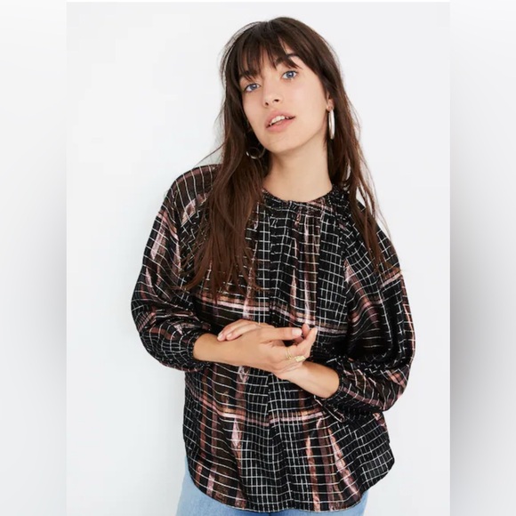 Apiece Apart Plaid Isla Peasant Top Copper/Silver metallic - Size 0 - EUC - Picture 1 of 16